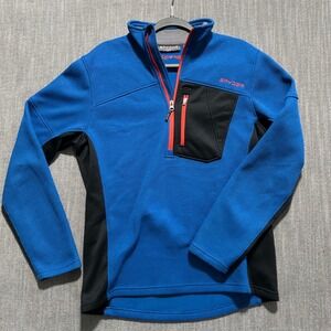 Spyder Mens Blue Black Quarter Zip Fleece Pullover Jacket Size M Chest Pocket